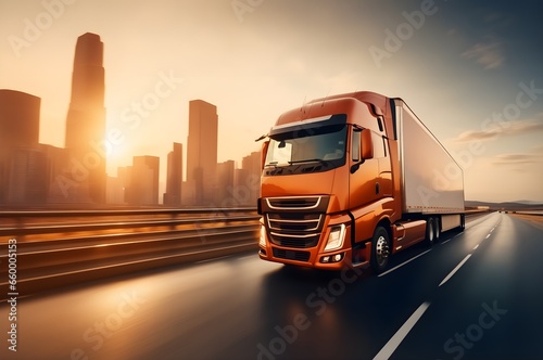 Semi truck driving on a road. Semi truck shipping commercial cargo in refrigerated semi trailer. Truck is driving fast with a blurry environment. Concept of cargo transportation and delivery of goods. © 360VP