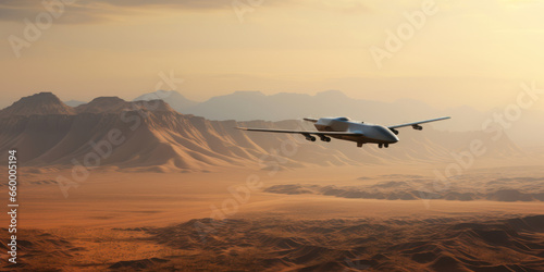 A military drone surveils a vast, barren desert.