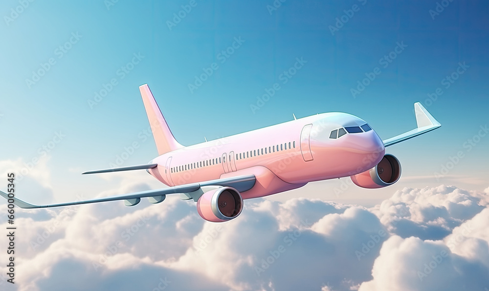 A sleek pink airplane glides gracefully against backdrop.