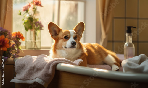 Corgi enjoys a sunny spa day  relaxing on a blanket.