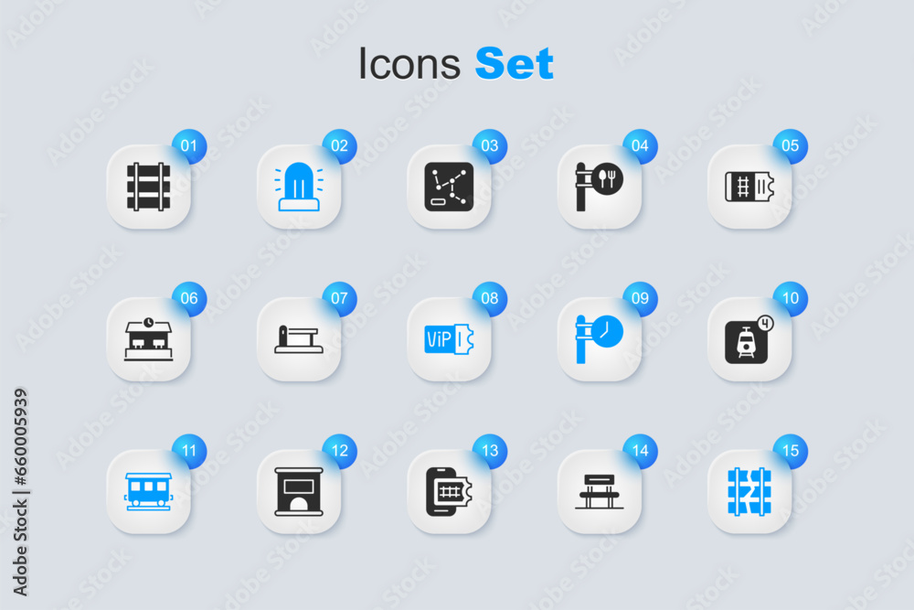 Set Waiting hall, Railway barrier, Flasher siren, Passenger train cars, Broken or cracked railway, Online ticket booking, Railway, railroad track and Train icon. Vector Set Waiting hall, Railway barrier, Flasher siren, Passenger train cars, Broken or cracked railway, Online ticket booking, Railway, railroad track and Train icon. Vector