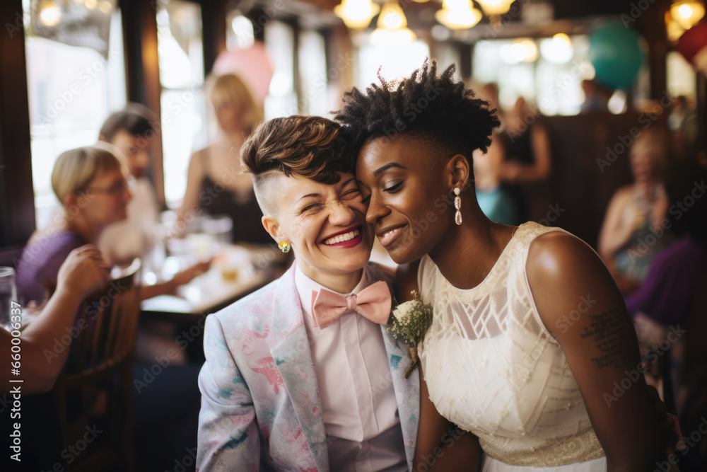 Portrait of a happy smiling lesbian couple celebrating their wedding. Diversity, sexual equality, and same-sex marriage concept Portrait of a happy smiling lesbian couple celebrating their wedding. Diversity, sexual equality, and same-sex marriage concept