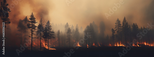 silhouette of a forest in the smoke of a fire, a ravaging blaze consumes a dense forest, foggy and stifling atmosphere, panorama of a landscape in fire