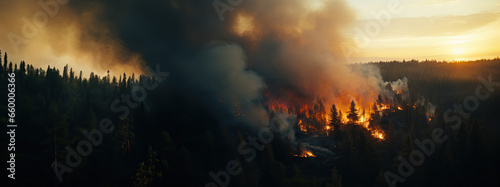 Fotografia fire breaks out in a pine forest, flame on the right of the panorama and black