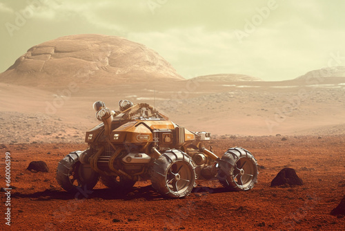 Witness the future with a high tech rover car venturing across the desolate landscapes of Mars or a distant celestial planet. Ai generated