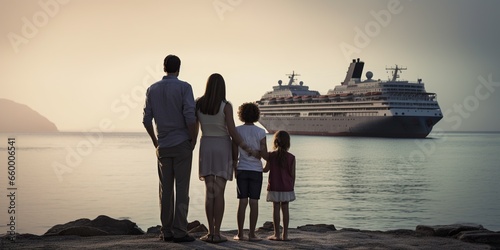 Distressed family at the harbor, watching as their cruise ship sails away, realizing their missed vacation , concept of Lost opportunity