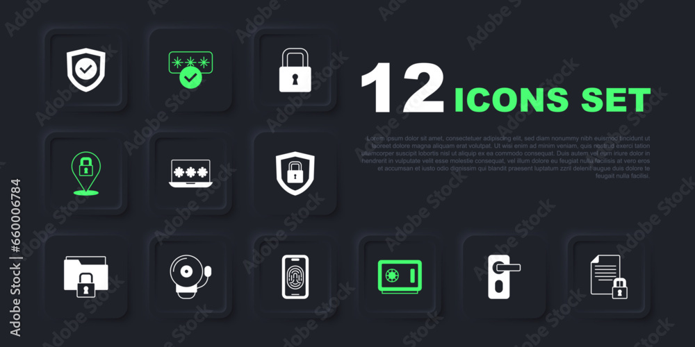 Set Fingerprint door lock, Document and, Laptop with password, Safe, Lock, Ringing alarm bell, Password protection and Mobile fingerprint scanner icon. Vector Set Fingerprint door lock, Document and, Laptop with password, Safe, Lock, Ringing alarm bell, Password protection and Mobile fingerprint scanner icon. Vector