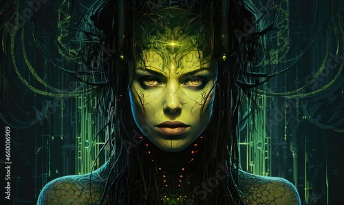 Photo of a digital painting featuring a captivating woman with mesmerizing green eyes