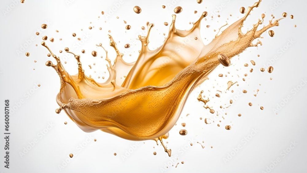 Splash of golden liquid, clear glass of beer on isolated white background.
