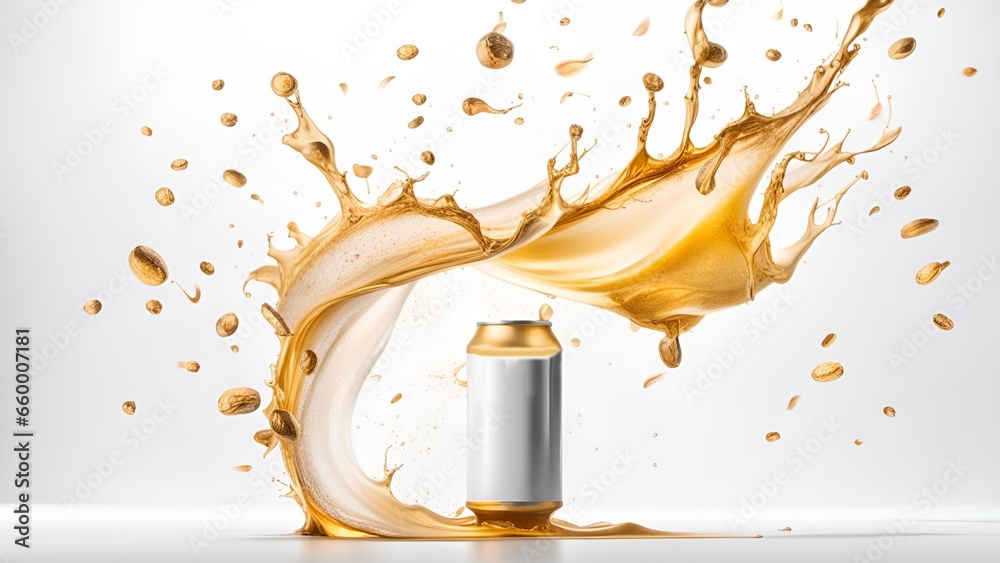 Splash of golden liquid, clear glass of beer on isolated white background.