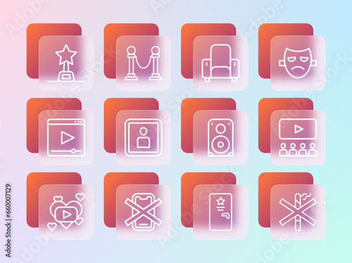 Set line Drama theatrical mask, No cell phone, Stereo speaker, Backstage, Play Video, Cinema chair, Movie trophy and Rope barrier icon. Vector