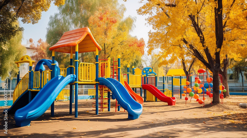 Colorful playground for active kids in outdoor yard. Generative AI