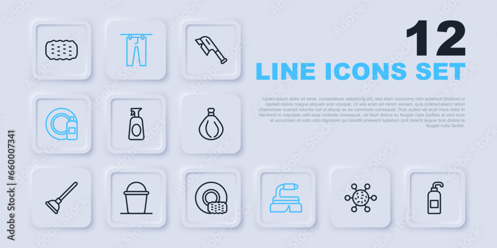 Set line Bacteria, Antibacterial soap, Cleaning spray with detergent, Brush for cleaning, Dishwashing bottle and plate, Bucket, Drying clothes and Washing dishes icon. Vector Set line Bacteria, Antibacterial soap, Cleaning spray with detergent, Brush for cleaning, Dishwashing bottle and plate, Bucket, Drying clothes and Washing dishes icon. Vector