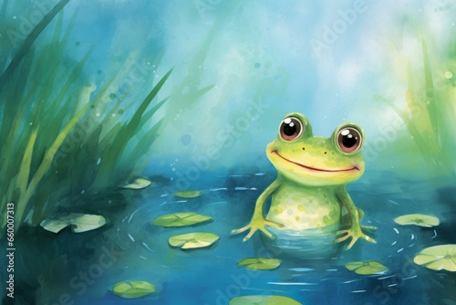 Cute frog in a pond  cartoon style