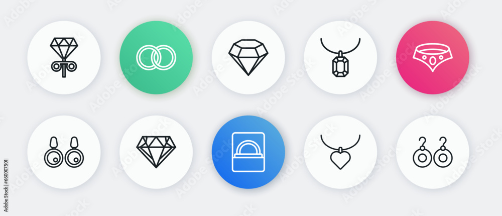 Set line Diamond engagement ring in box, Necklace, Earrings, with heart shaped, Pendant necklace, and icon. Vector Set line Diamond engagement ring in box, Necklace, Earrings, with heart shaped, Pendant necklace, and icon. Vector