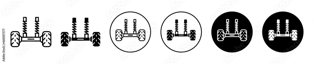 Car suspension icon. Automobile vehicle shock absorber tire suspension mechanism symbol set. Spiral coil with rubber cushion spring cover vector sign. Car suspension coil spring to absorb pressure