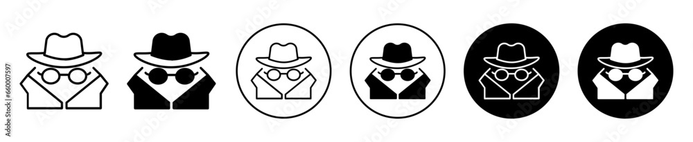 Spy agent icon. Browser incognito search by anonymous mafia or thief symbol set. Spy person in black coat and sunglasses vector sign. Fraud detective agent to investigate criminal case line logo. Spy agent icon. Browser incognito search by anonymous mafia or thief symbol set. Spy person in black coat and sunglasses vector sign. Fraud detective agent to investigate criminal case line logo.