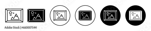 Art Gallery Museum icon. Photography or painting exhibition event symbol set. Photograph frame holder vector sign. Image photo expo on wall line  logo. abstract Picture border  frame for artistic sign
