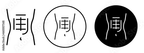 Female abdominal muscles icon. Strong Lower abdominal muscle pack symbol set. Healthy male six pack vector sign. Shredded stomach with tight 6 pack torso of men body line logo. Human belly abs icon