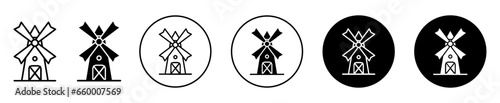 Mill Icon. Farming renewable energy source symbol set. Windmill power generator equipment vector sign. Rotating propeller in countryside agriculture farm line logo. Wind operated windmill icon  