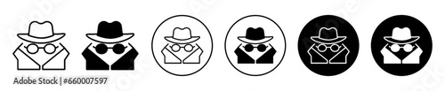 Spy agent icon. Browser incognito search by anonymous mafia or thief symbol set. Spy person in black coat and sunglasses vector sign. Fraud detective agent to investigate criminal case line logo.