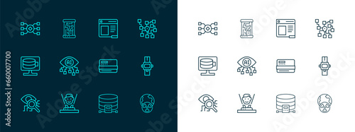 Set line Neural network, Hologram, Credit card, Cloud database, Computer vision, Browser window, and Cryogenic capsules icon. Vector