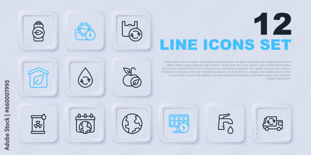 Set line Water tap, Garbage truck, Recycle clean aqua, Solar energy panel, Eco friendly house, World Earth day, mill and globe icon. Vector Set line Water tap, Garbage truck, Recycle clean aqua, Solar energy panel, Eco friendly house, World Earth day, mill and globe icon. Vector