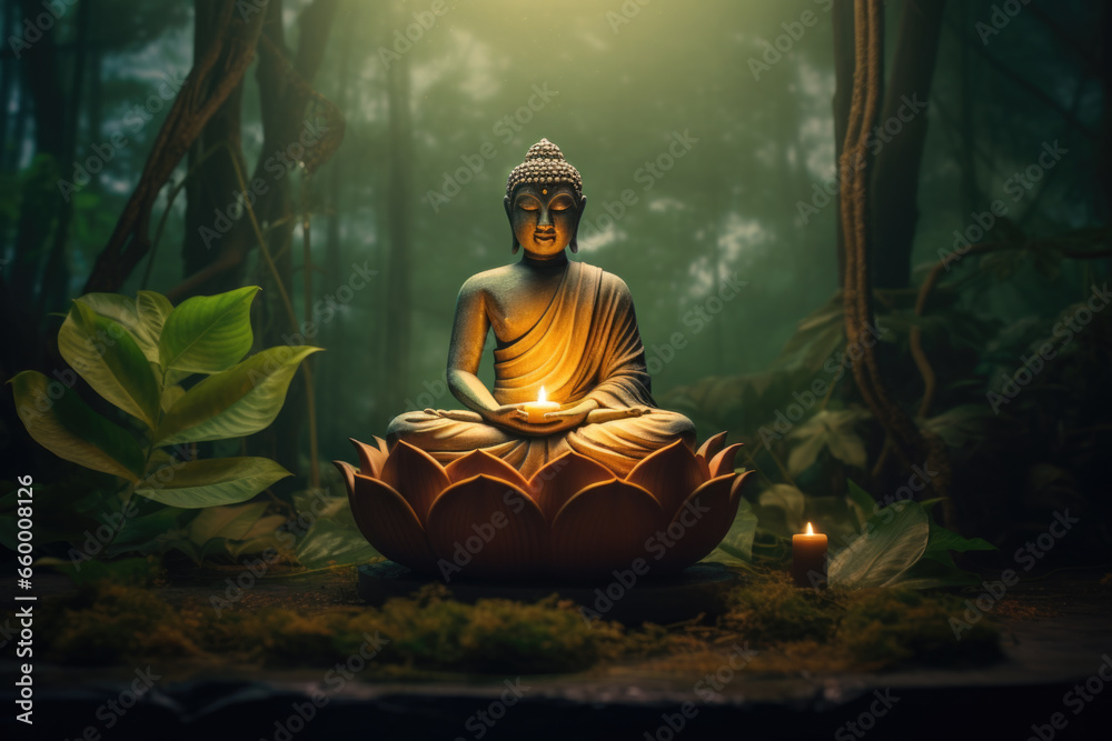 Buddha statue in forest environment in lotus pose