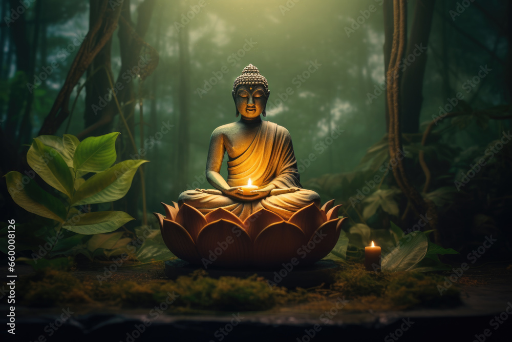 Buddha statue in forest environment in lotus pose Buddha statue in forest environment in lotus pose