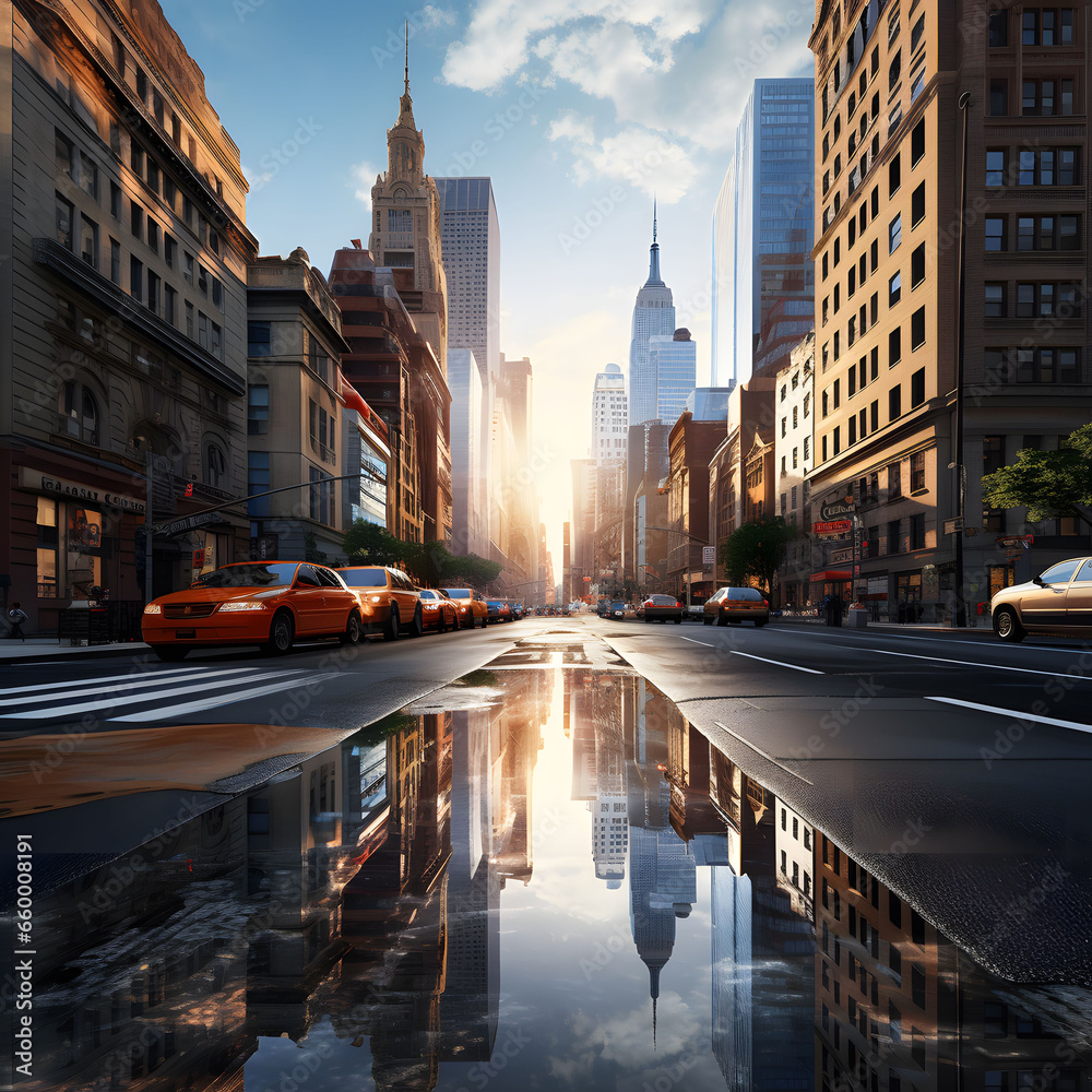 Empty New York streets at sunset time - obrazy, fototapety, plakaty 