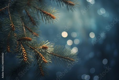 Christmas festive tree branch with blur background and copy space. Generative AI