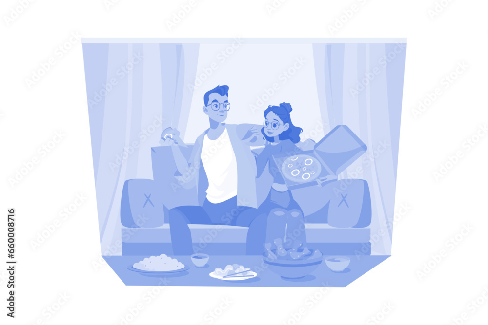 Couples eat pizza together at home