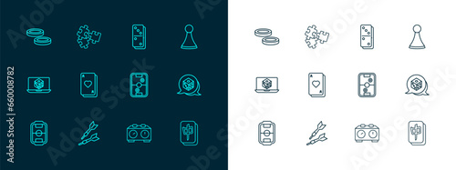 Set line Chip for board game, Dart arrow, Air hockey table, Time chess clock, Playing cards, Domino, Checker chips and Puzzle pieces toy icon. Vector
