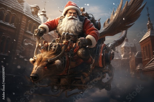Santa flying through the air delivering presents, imaginative reindeer  © Hugo