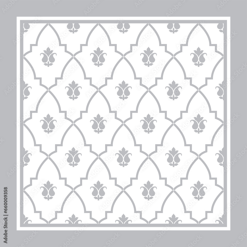 Pattern with floral and geometric elements.