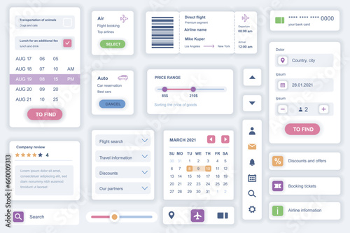 User interface elements set for booking mobile app. Kit template with HUD diagrams, airline ticket, boarding pass form, calendar, travel information. Pack of UI, UX, GUI screens. Vector components.