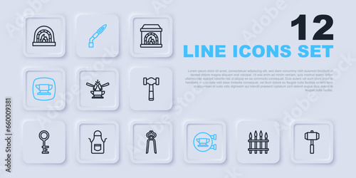 Set line Classic iron fence, Sledgehammer, Anvil and, Blacksmith anvil tool, apron, Welding torch and pliers icon. Vector