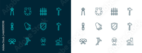 Set line Hammer, Metallic nails, Shield, Blacksmith anvil tool, Protective gloves, Classic iron fence, pliers and Horseshoe icon. Vector