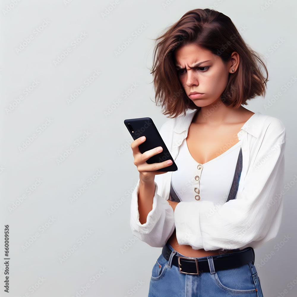 Female mobile user model annoyed expression