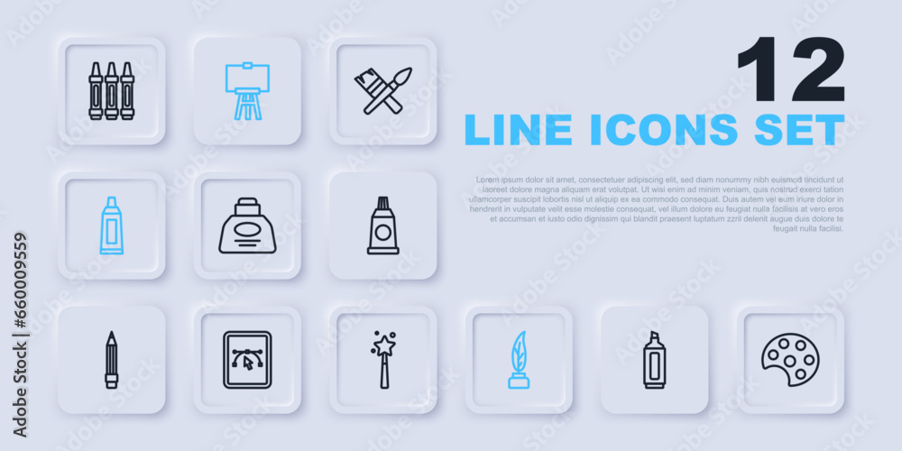 Set line Marker pen, Palette, Inkwell, Feather and inkwell, Tube with paint palette, Computer design program, Wood easel and Magic wand icon. Vector Set line Marker pen, Palette, Inkwell, Feather and inkwell, Tube with paint palette, Computer design program, Wood easel and Magic wand icon. Vector
