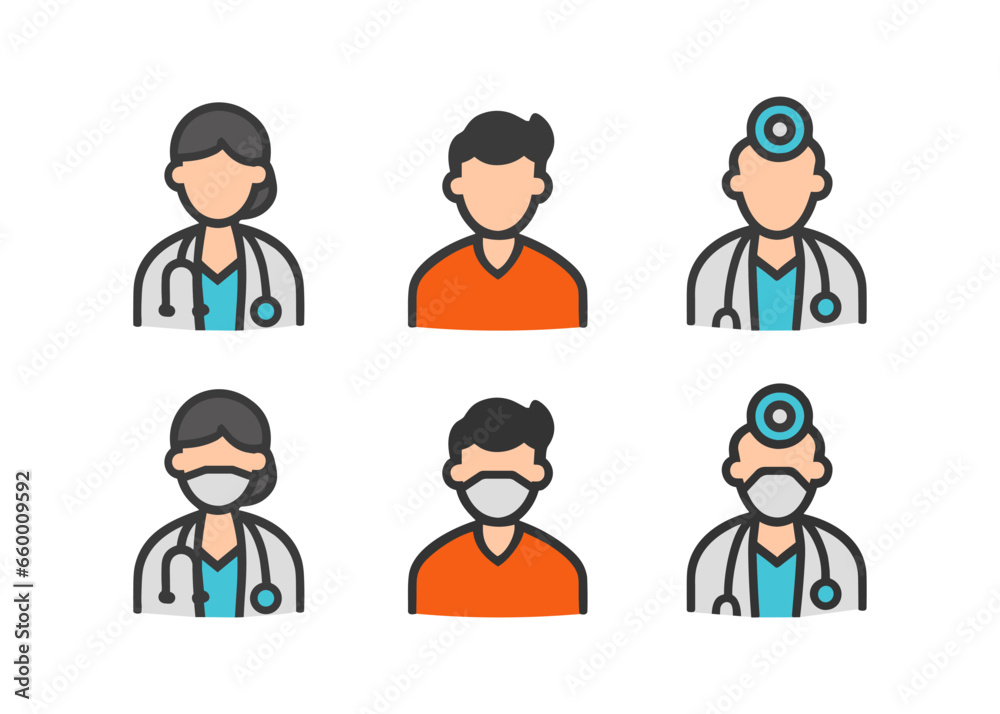 Hospital medical staff icon set. Medic workers nurse and doctor with stethoscope in surgical masks, team. Healthcare, professional medicine. Flat vector illustration, EPS 10.