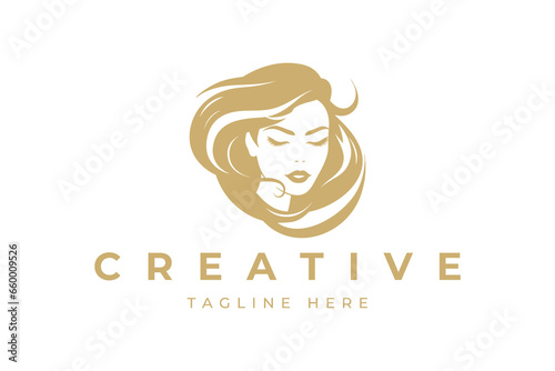 Illustration of women's hairstyle icon, logo with women's face. Vector beauty concept.