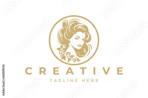 Illustration of women's hairstyle icon, logo with women's face. Vector beauty concept.