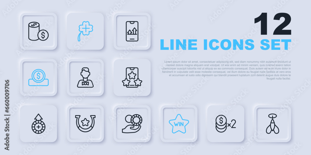 Set line Casino chip with dollar, Dart arrow, dealer, win, Coin money, Horseshoe, slot machine clover and Hand holding casino chips icon. Vector Set line Casino chip with dollar, Dart arrow, dealer, win, Coin money, Horseshoe, slot machine clover and Hand holding casino chips icon. Vector