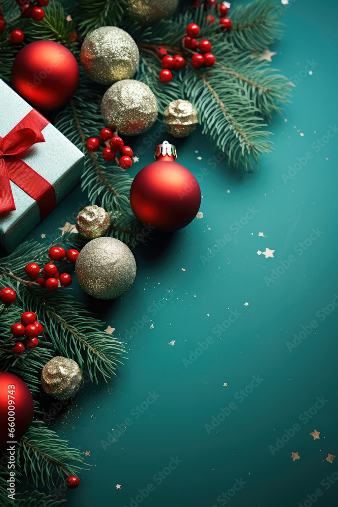Christmas background with gift box red and golden balls fir branches and red berries Generative AI Illustration