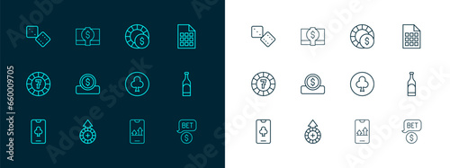 Set line Lottery ticket, Casino chips, Playing card with clubs symbol, Online sports betting, Coin money dollar, Game dice and Stacks paper cash icon. Vector