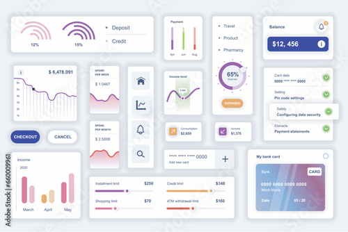 User interface elements set for finance mobile app. Kit template with HUD diagrams, deposit or credit information, money analytics, balance, account. Pack of UI, UX, GUI screens. Vector components.