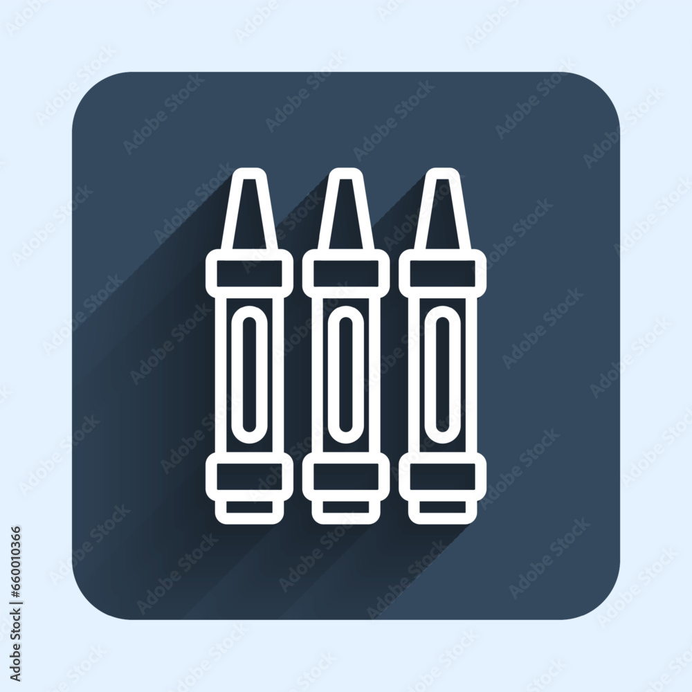White line Wax crayons for drawing icon isolated with long shadow background. Blue square button. Vector White line Wax crayons for drawing icon isolated with long shadow background. Blue square button. Vector