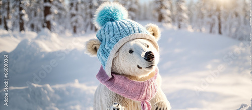 Cute cartoon bear in a hat on the snow