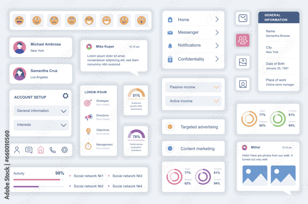 User interface elements set for social media mobile app. Kit template with HUD diagrams, profile information, emoticons, account setup, statistics. Pack of UI, UX, GUI screens. Vector components. User interface elements set for social media mobile app. Kit template with HUD diagrams, profile information, emoticons, account setup, statistics. Pack of UI, UX, GUI screens. Vector components.